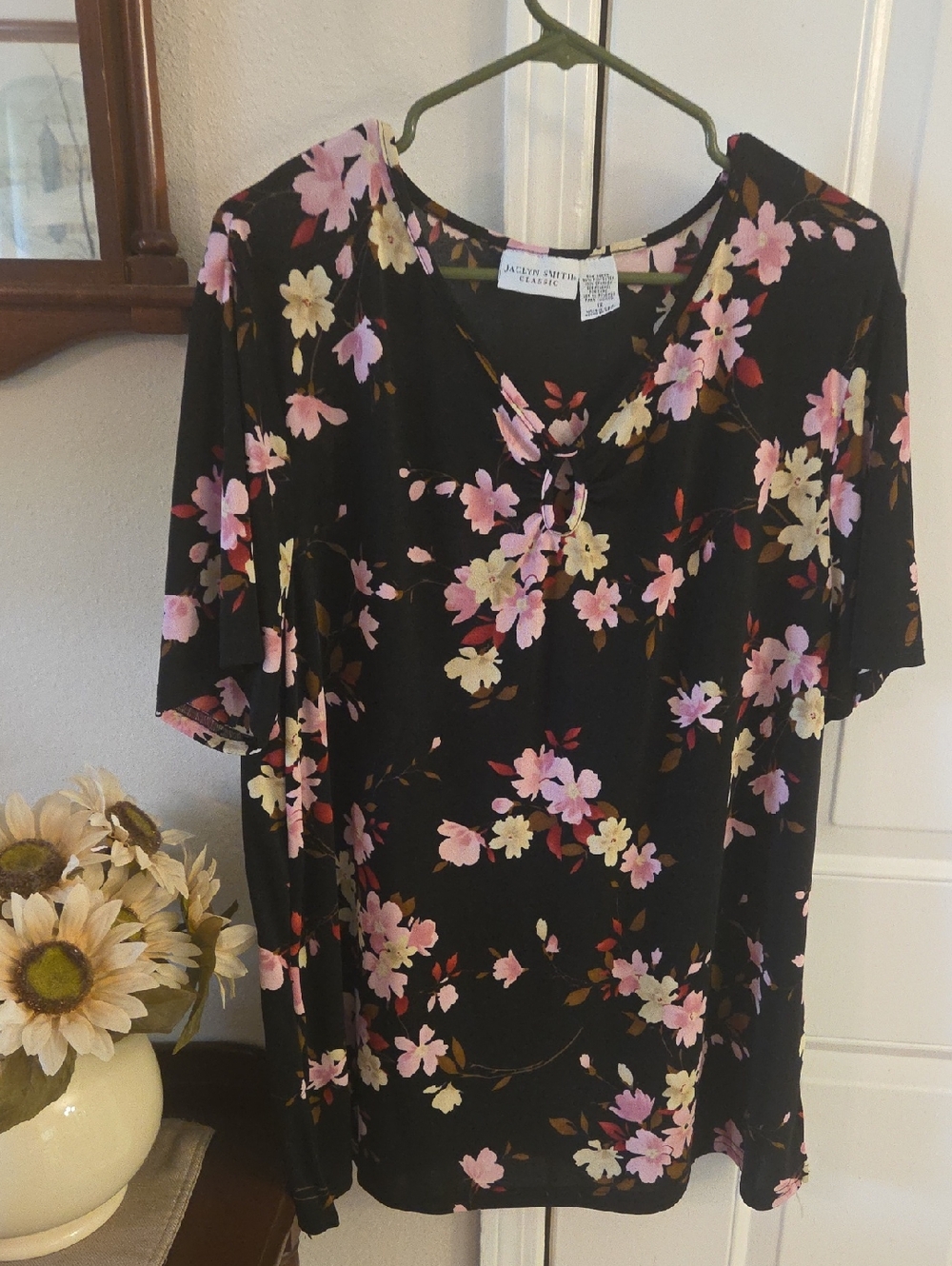 Jaclyn Smith Black Floral V-Neck Blouse with Pink and Cream Flowers